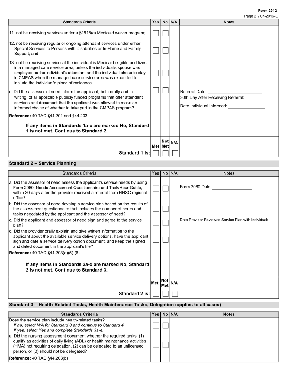 Form 2012 Consumer Managed Personal Attendant Services (Cmpas) Contract Compliance Monitoring Guide - Texas, Page 2