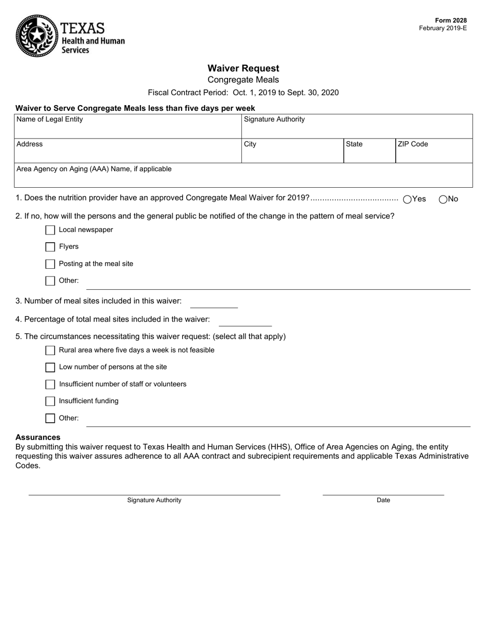Form 2028 Congregate Meals Waiver Request - Texas, Page 1