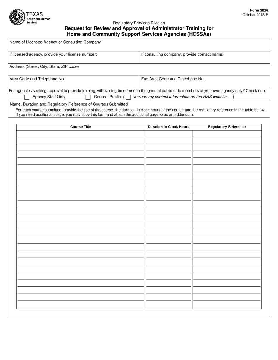Form 2026 Request for Review and Approval of Administrator Training for Home and Community Support Services Agencies (Hcssas) - Texas, Page 1