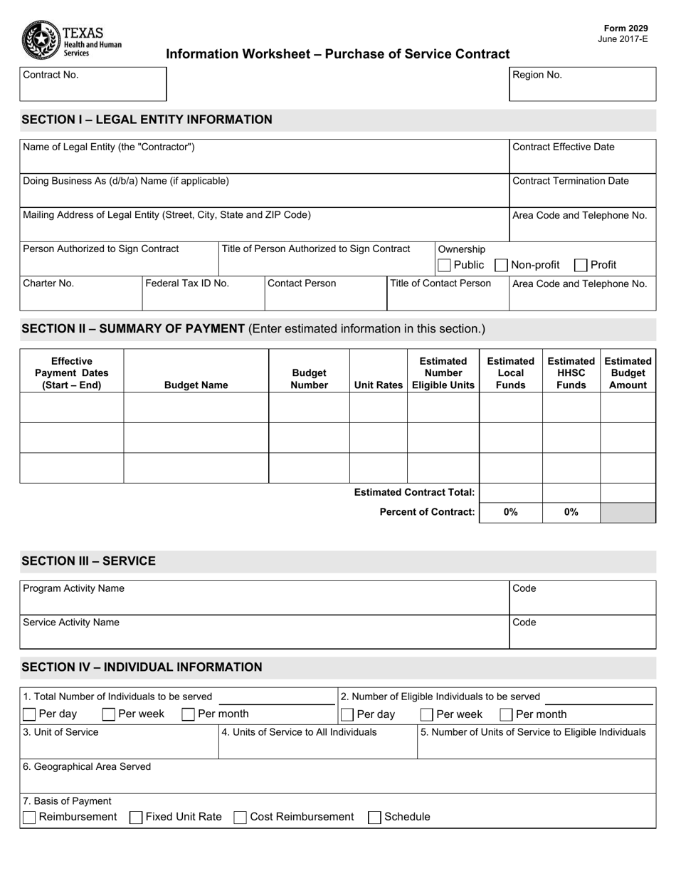 Form 2029 Information Worksheet - Purchase of Service Contract - Texas, Page 1