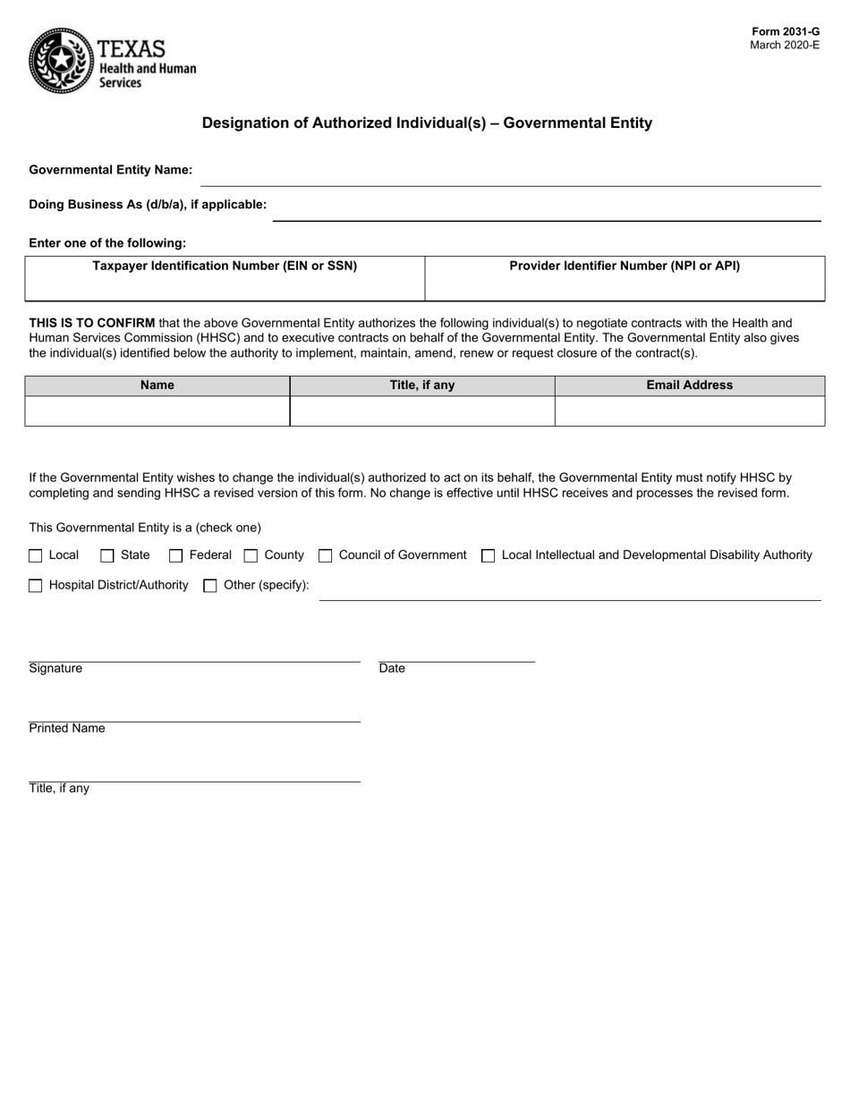 Form 2031-G Designation of Authorized Individual(S) - Governmental Entity - Texas, Page 1