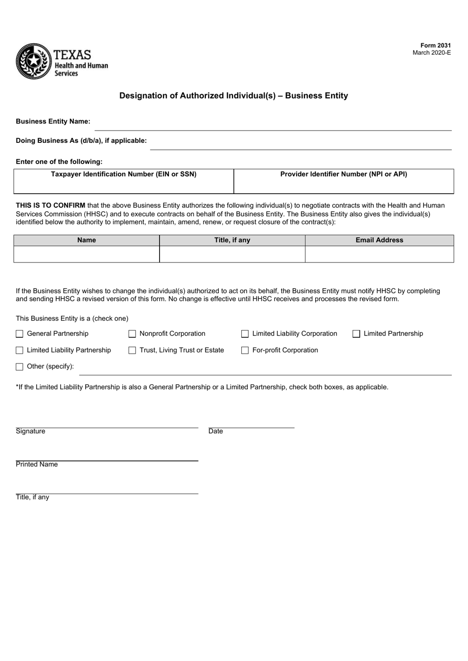 Form 2031 Designation of Authorized Individual(S) - Business Entity - Texas, Page 1