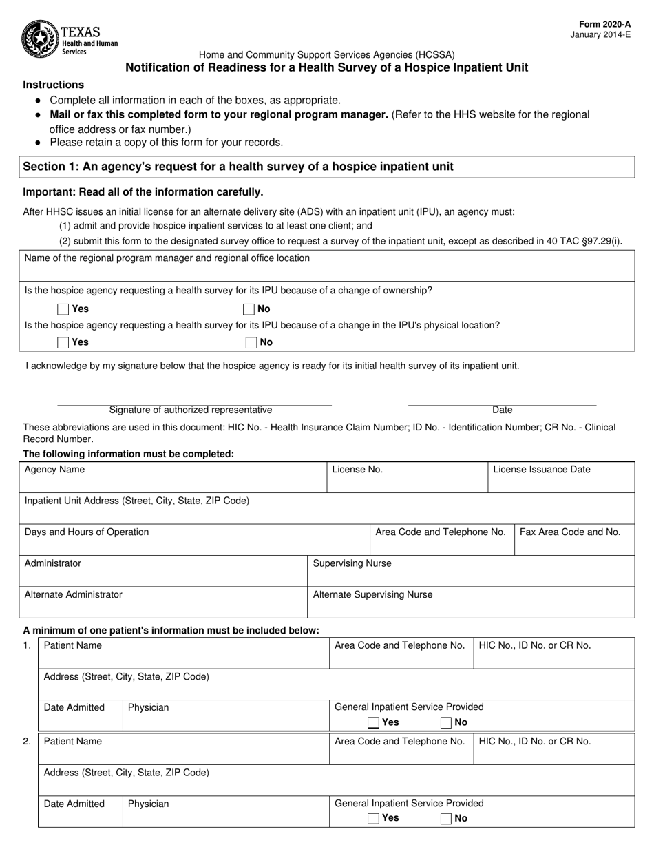 Form 2020-A Notification of Readiness for a Health Survey of a Hospice Inpatient Unit - Texas, Page 1