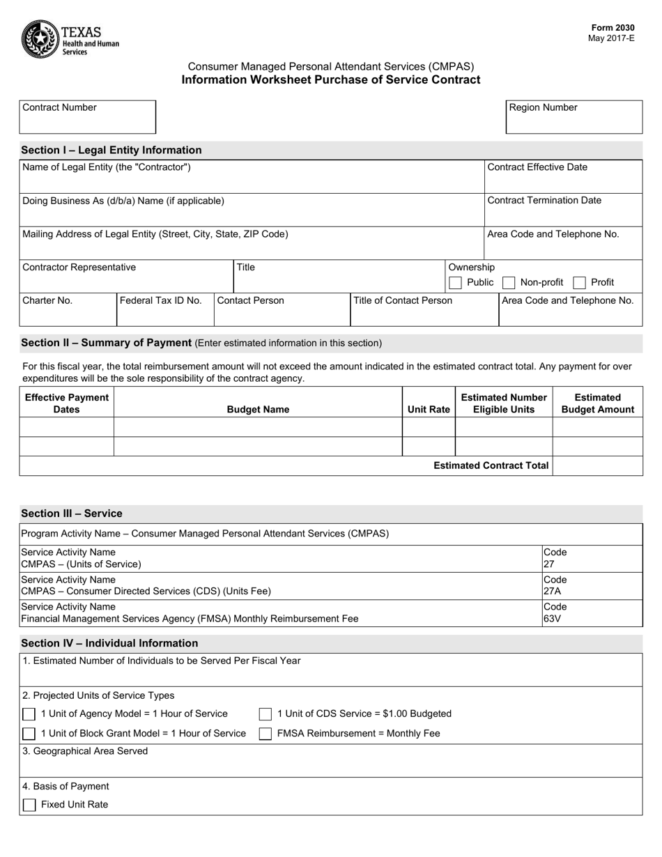 Form 2030 Consumer Managed Personal Attendant Services (Cmpas) Information Worksheet Purchase of Service Contract - Texas, Page 1