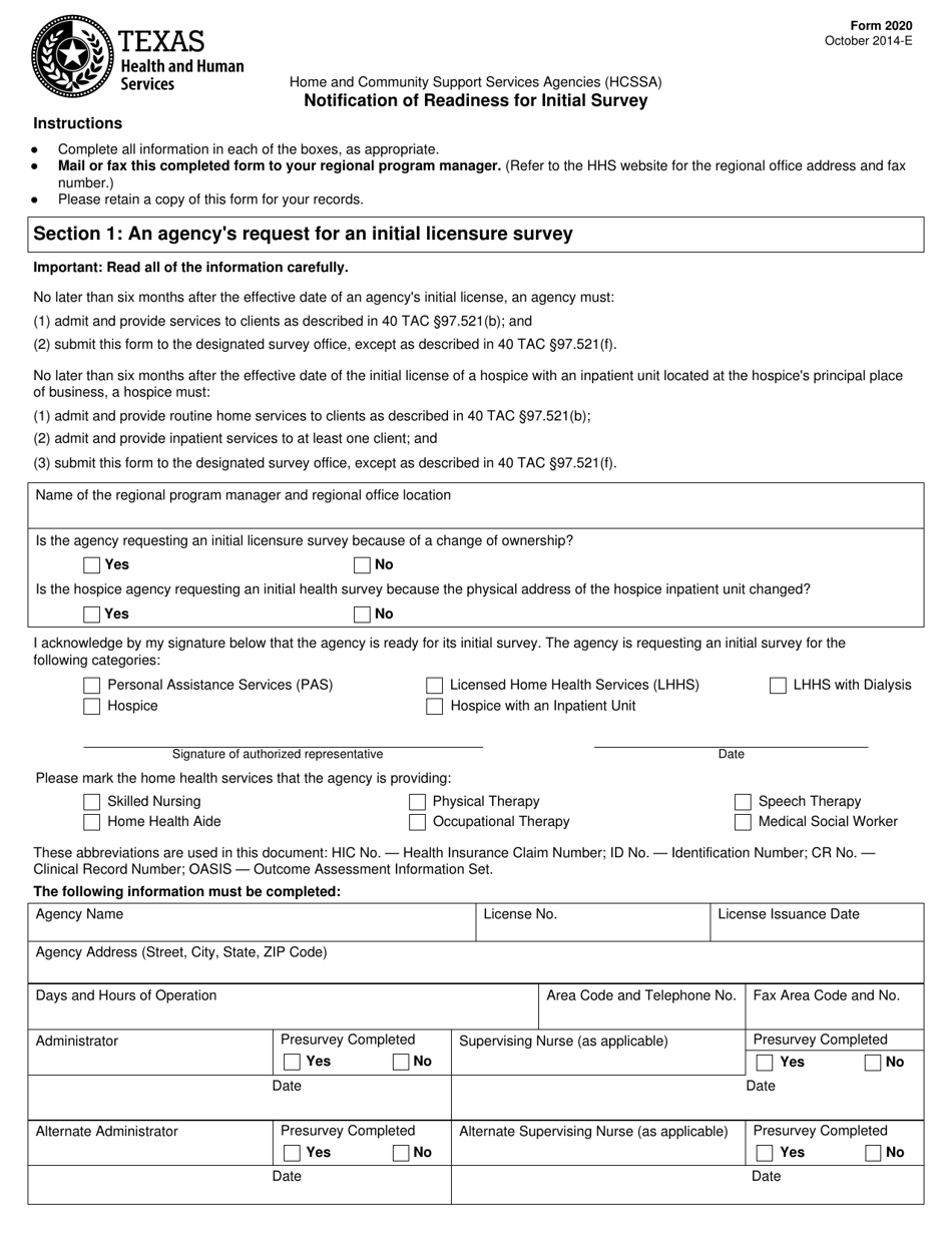 Form 2020 Notification of Readiness for Initial Survey - Texas, Page 1
