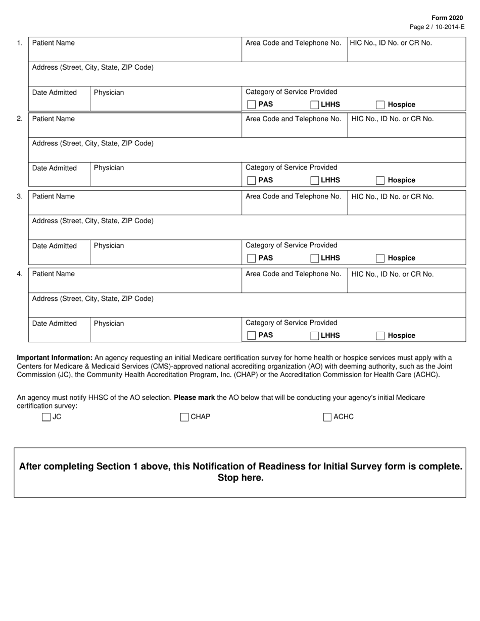Form 2020 Notification of Readiness for Initial Survey - Texas, Page 2