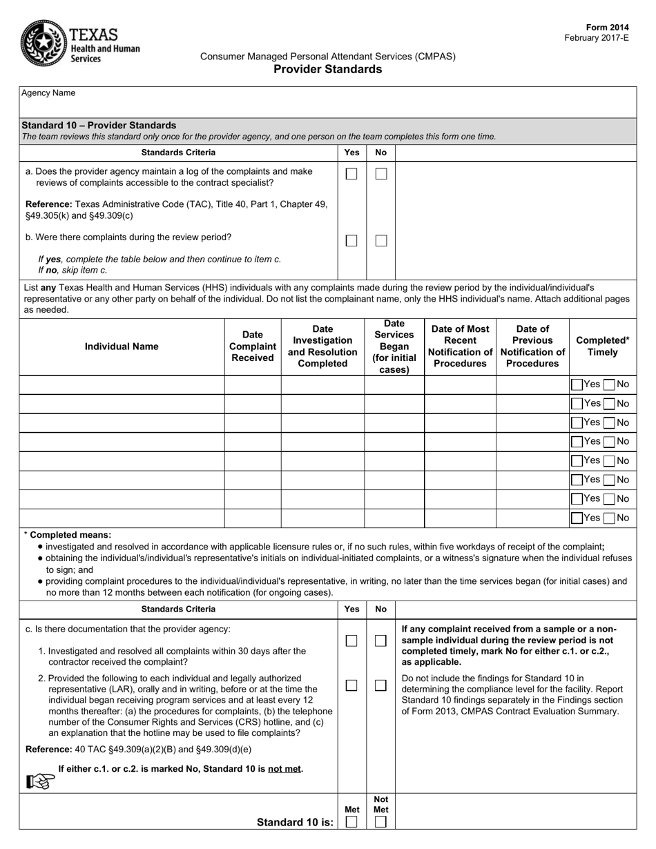 Form 2014 Consumer Managed Personal Attendant Services (Cmpas) Provider Standards - Texas, Page 1