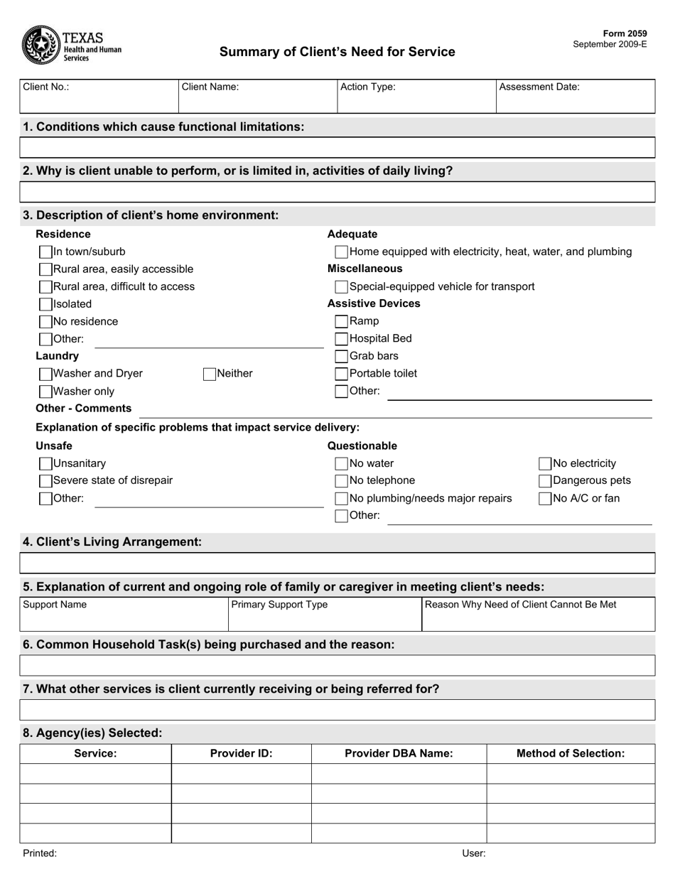 Form 2059 Summary of Clients Need for Service - Texas, Page 1