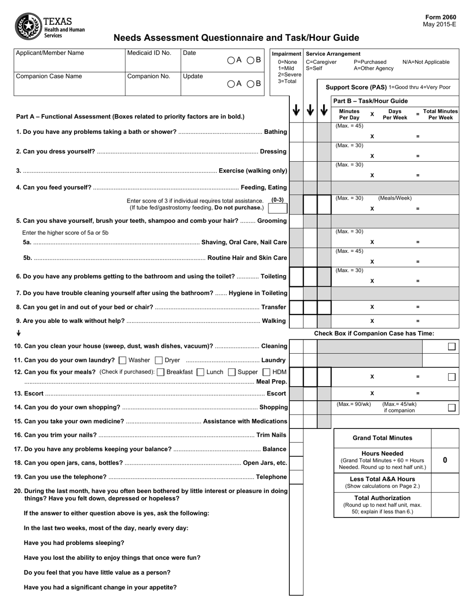 Form 2060 Needs Assessment Questionnaire and Task / Hour Guide - Texas, Page 1