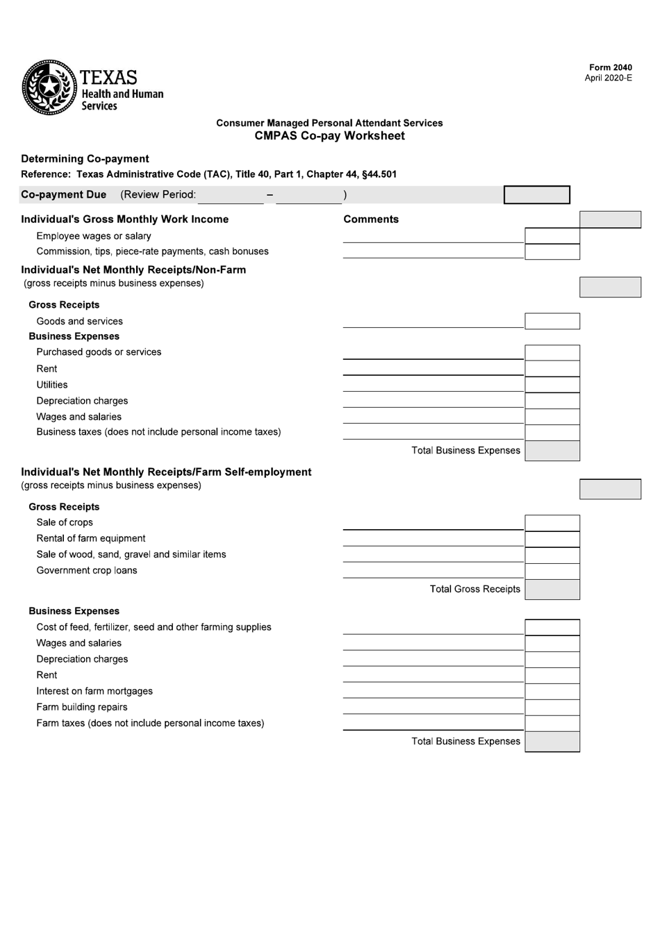Form 2040 Consumer Managed Personal Attendant Services (Cmpas) Co-pay Worksheet - Texas, Page 1