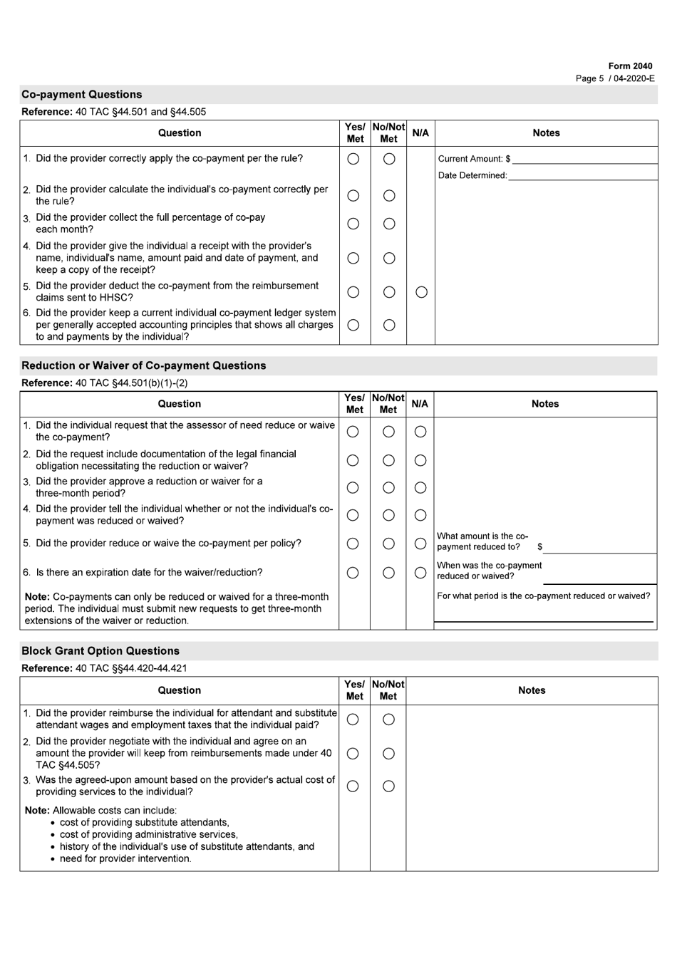 Form 2040 Consumer Managed Personal Attendant Services (Cmpas) Co-pay Worksheet - Texas, Page 5