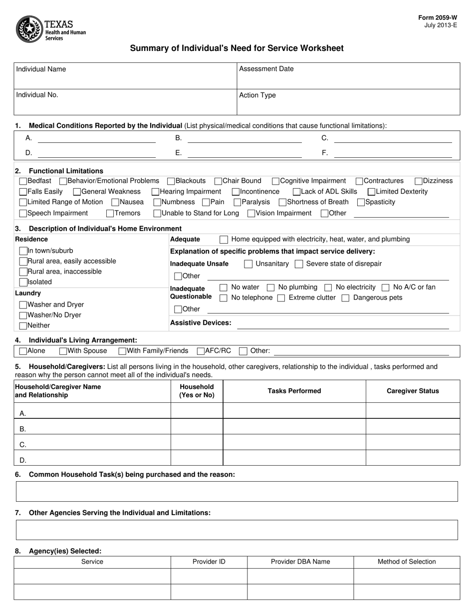 Form 2059-W Summary of Individuals Need for Service Worksheet - Texas, Page 1