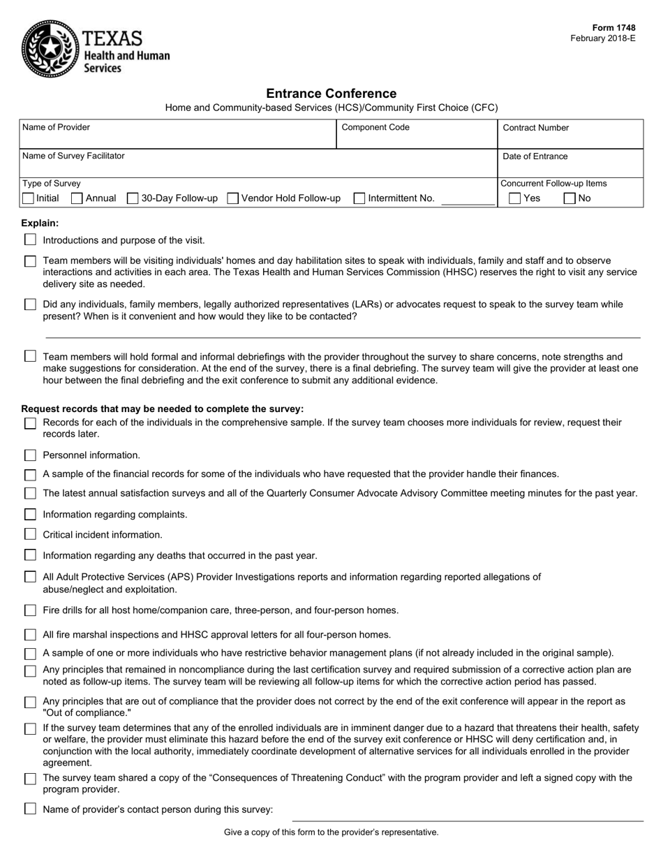 Form 1748 Hcs / Cfc Entrance Conference - Texas, Page 1