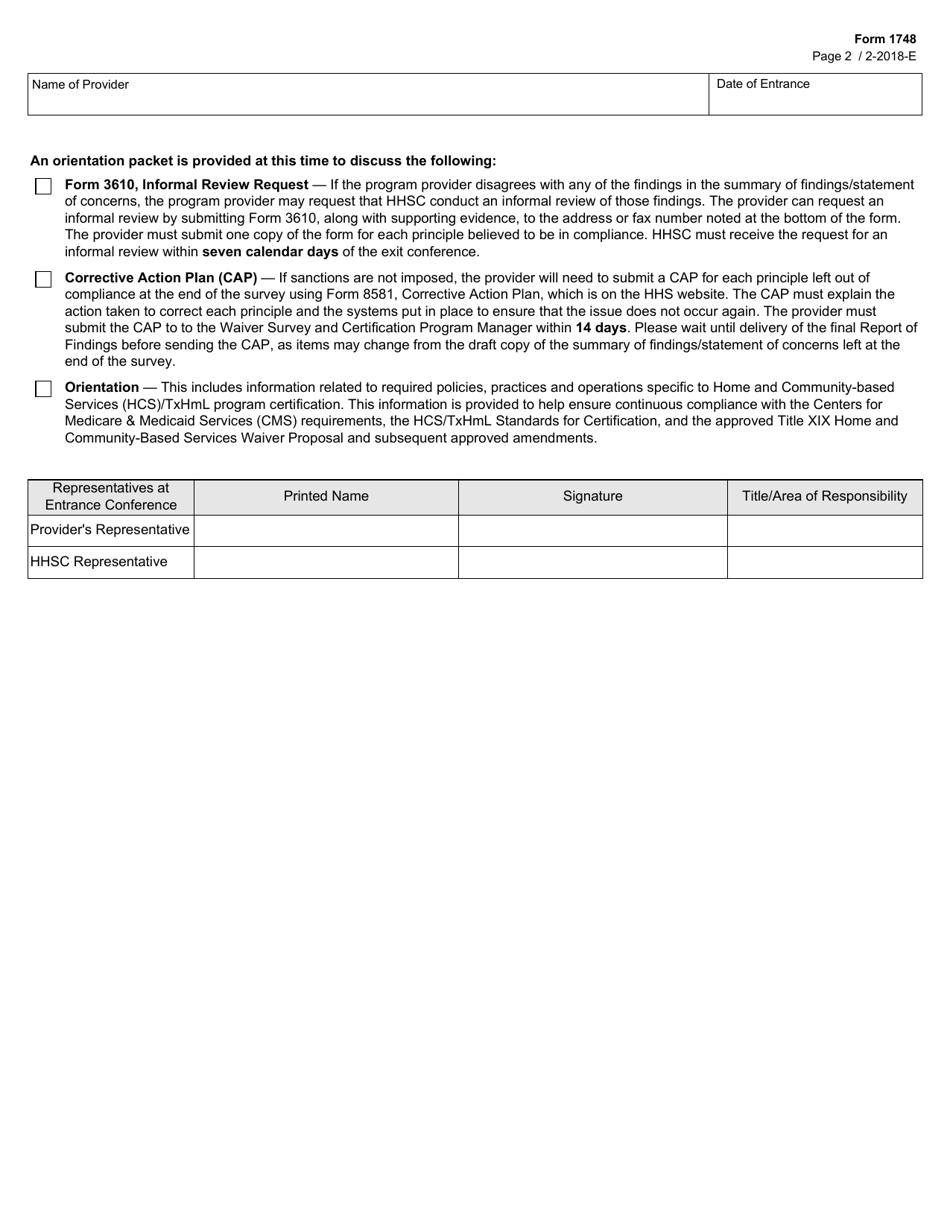 Form 1748 Hcs / Cfc Entrance Conference - Texas, Page 2