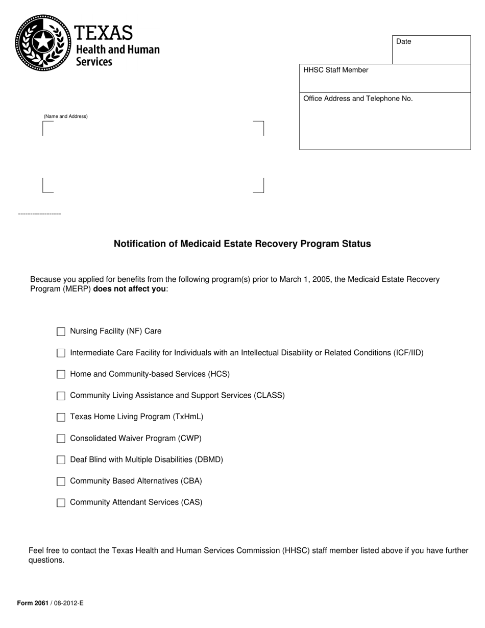 Form 2061 Notification of Medicaid Estate Recovery Program Status - Texas, Page 1