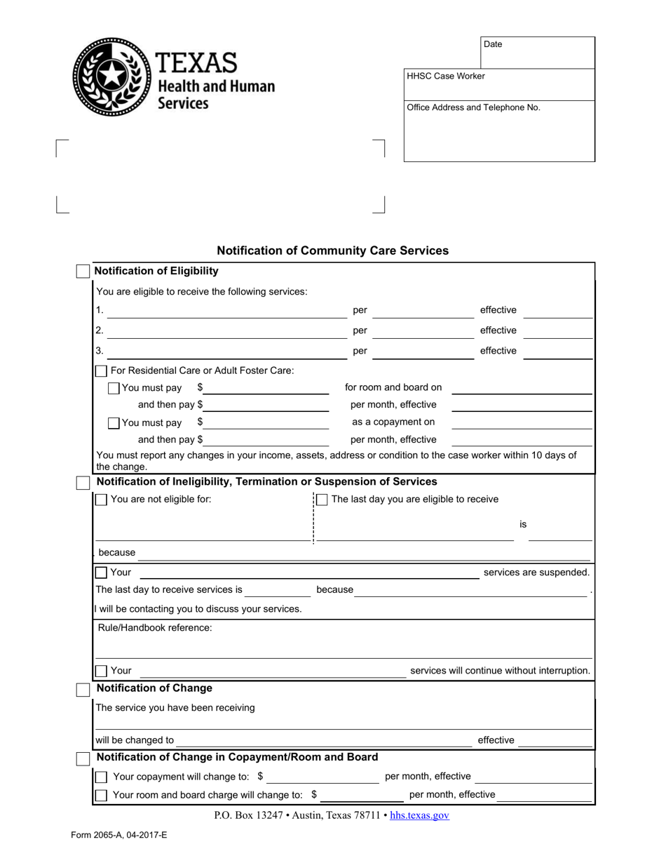 Form 2065-A Notification of Community Care Services - Texas, Page 1