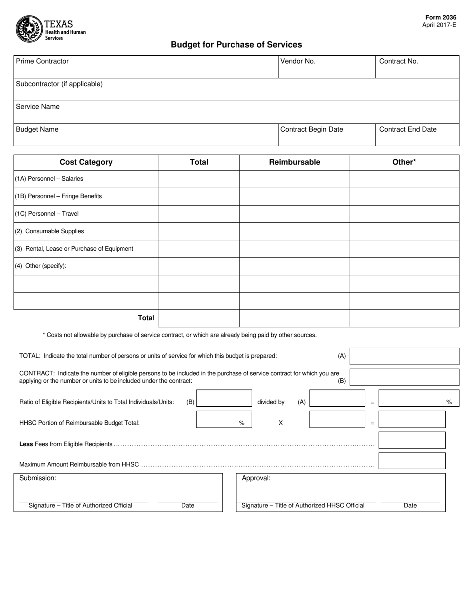 Form 2036 Budget for Purchase of Services - Texas, Page 1