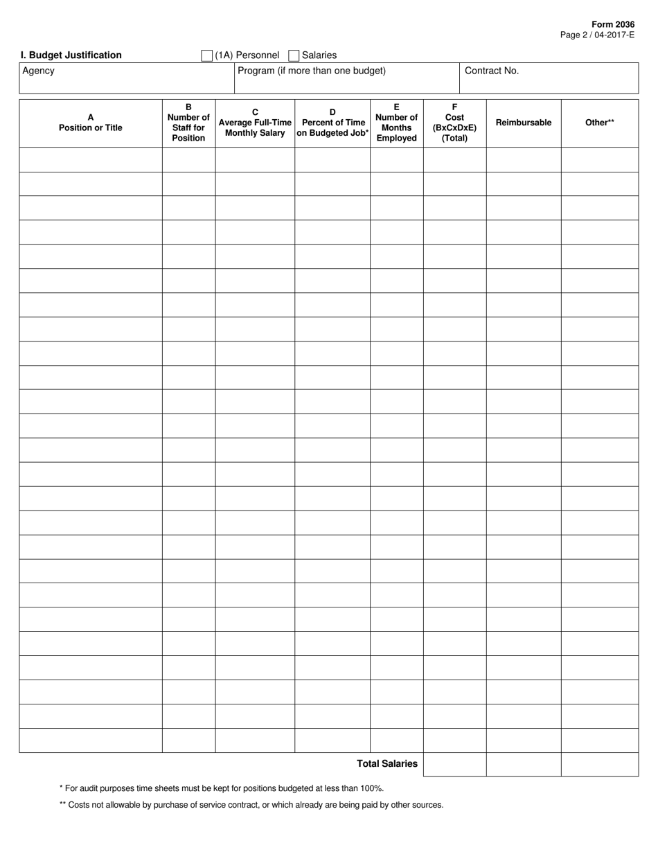 Form 2036 Budget for Purchase of Services - Texas, Page 2