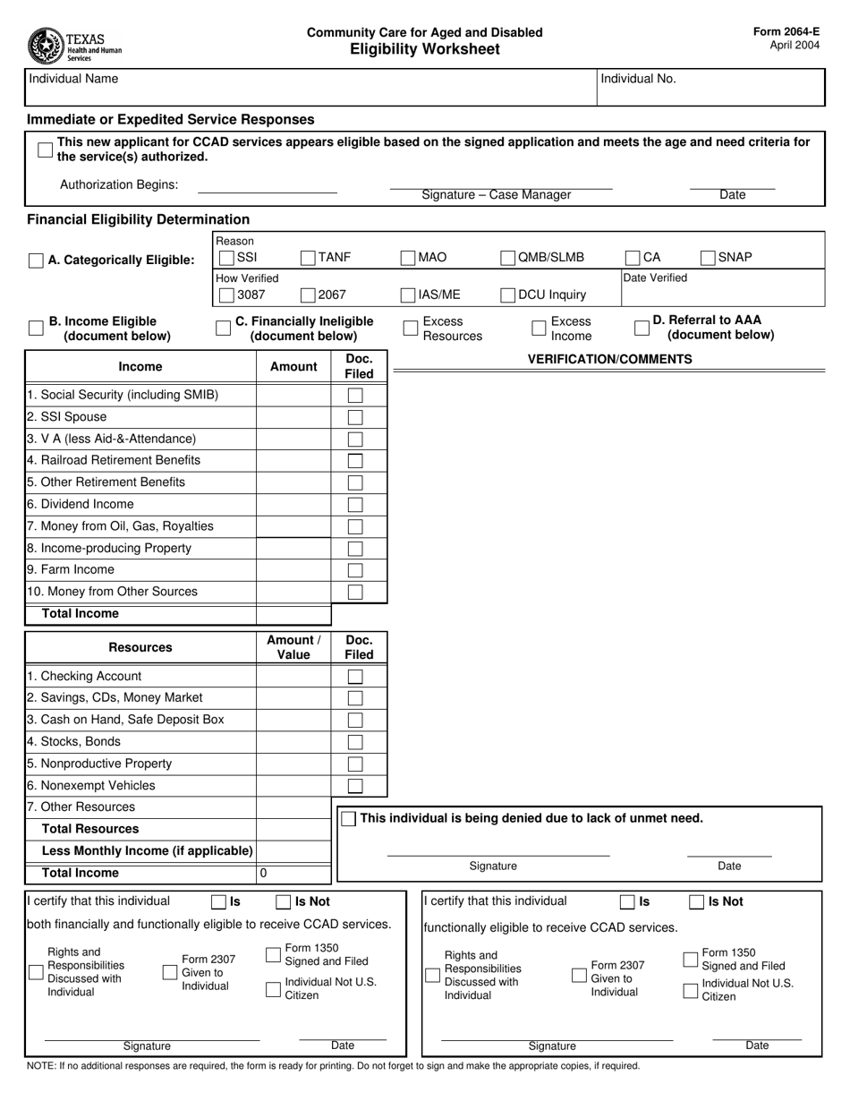 Form 2064-E Community Care for Aged and Disabled Eligibility Worksheet - Texas, Page 1