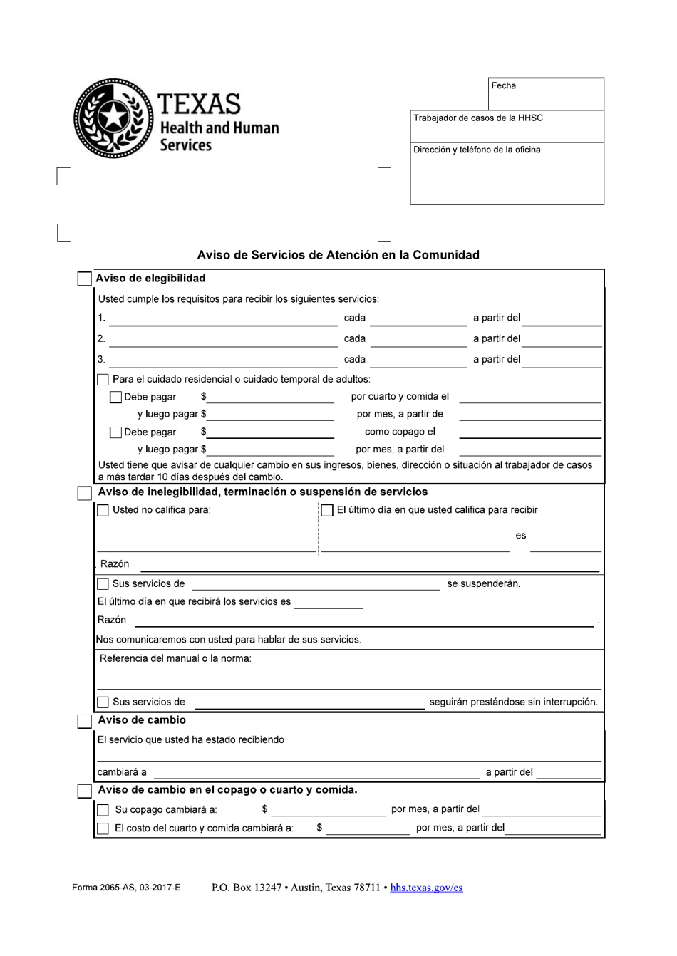 Formulario 2065-AS Aviso De Servicios De Atencion En La Comunidad - Texas (Spanish), Page 1