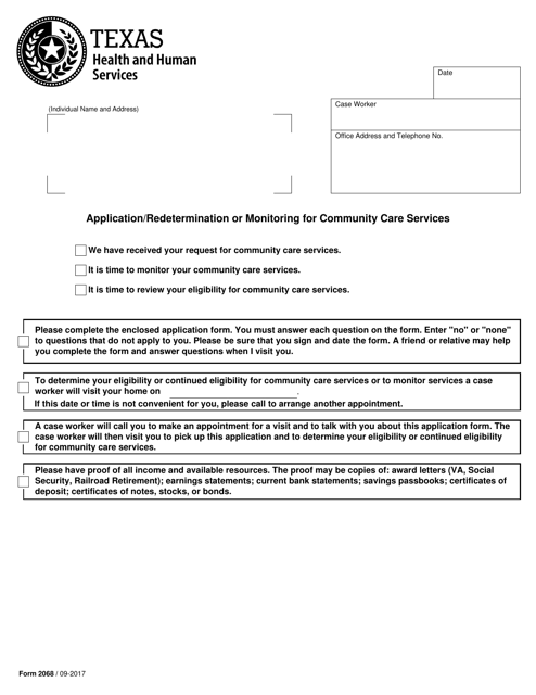 Form 2068 Application/Redetermination or Monitoring for Community Care Services - Texas