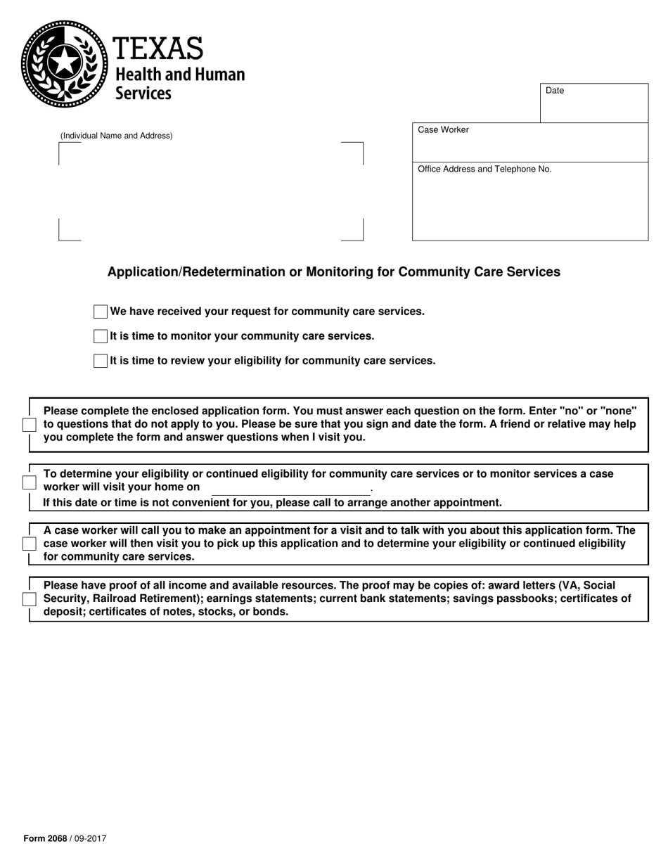 Form 2068 Application / Redetermination or Monitoring for Community Care Services - Texas, Page 1