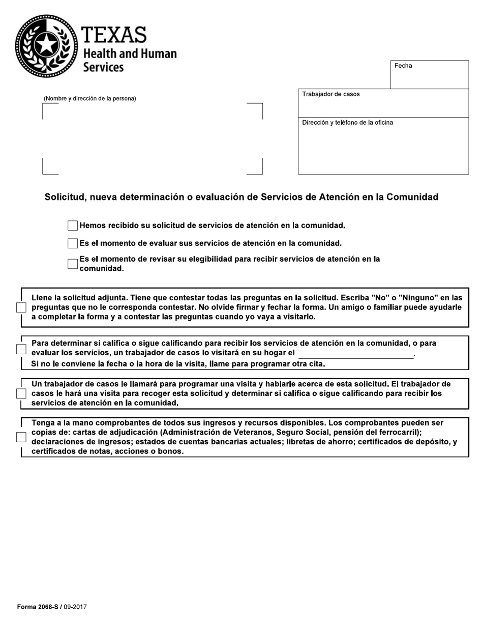 Formulario 2068-S Solicitud, Nueva Determinacion O Evaluacion De Servicios De Atencion En La Comunidad - Texas (Spanish), Page 1