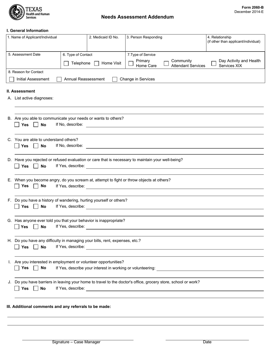 Form 2060-B Needs Assessment Addendum - Texas, Page 1