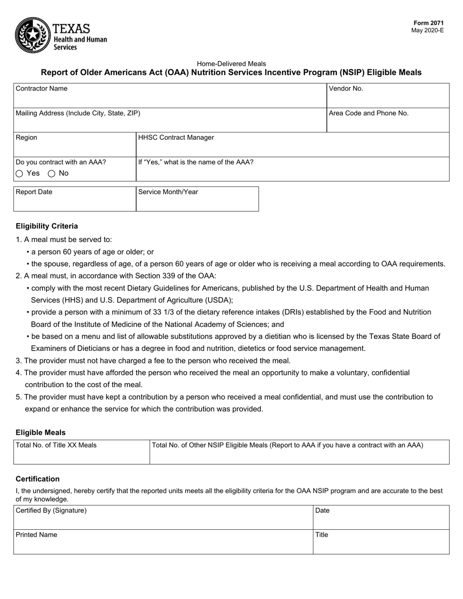 Form 2071 Home-Delivered Meals Report of Older Americans Act (Oaa) Nutrition Services Incentive Program (Nsip) Eligible Meals - Texas, Page 1