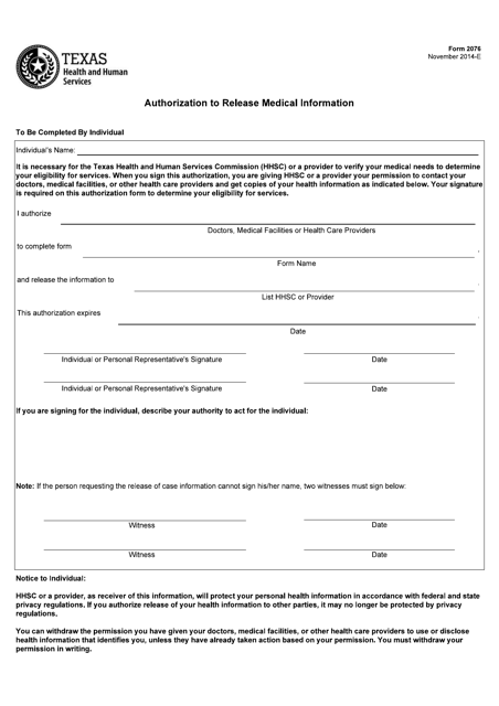 Form 2076 Authorization to Release Medical Information - Texas