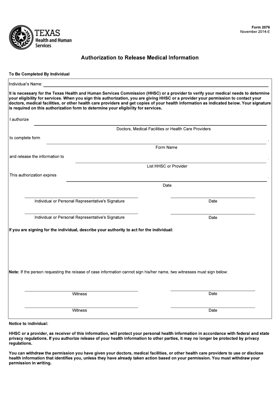 Form 2076 Authorization to Release Medical Information - Texas, Page 1