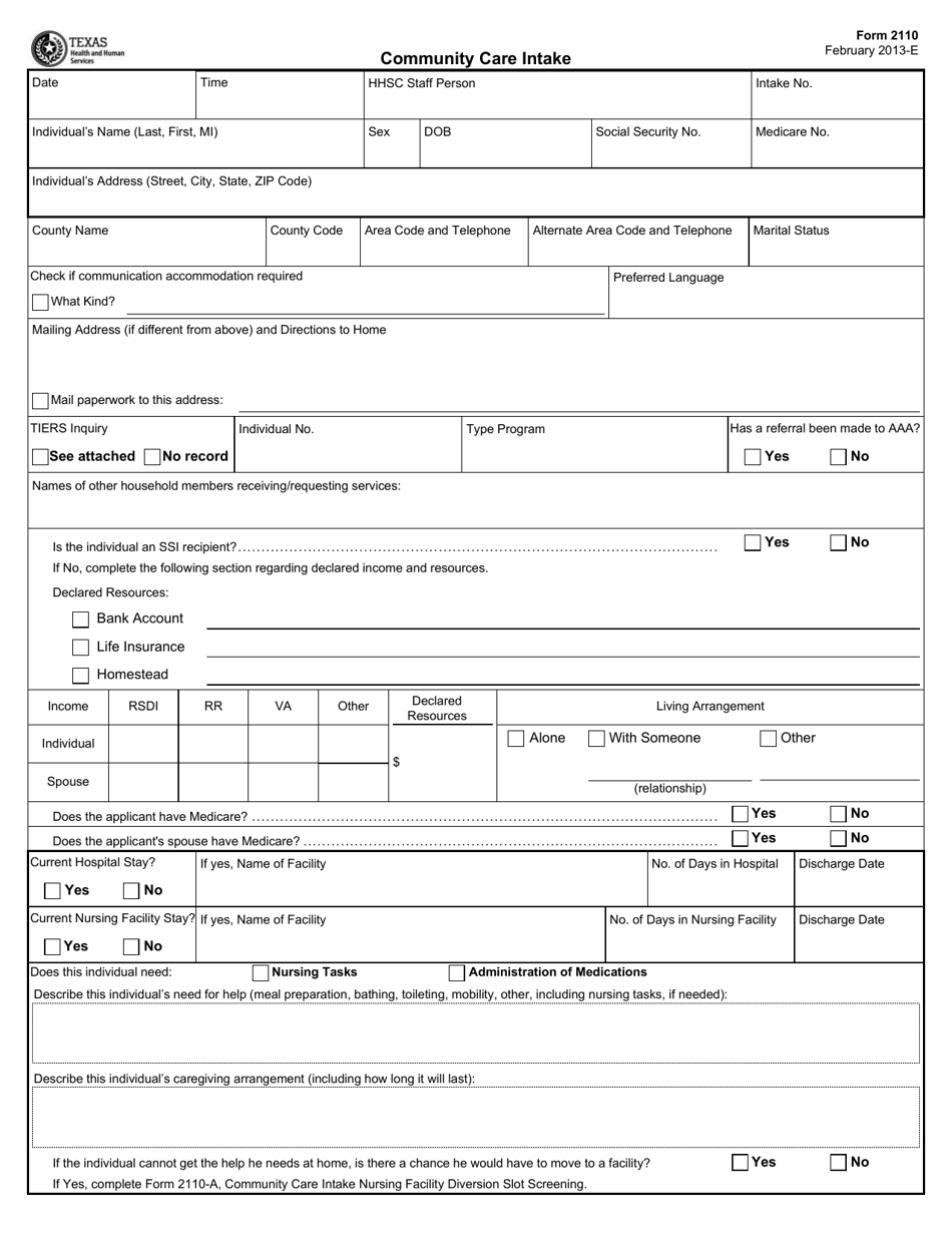 Form 2110 Community Care Intake - Texas, Page 1