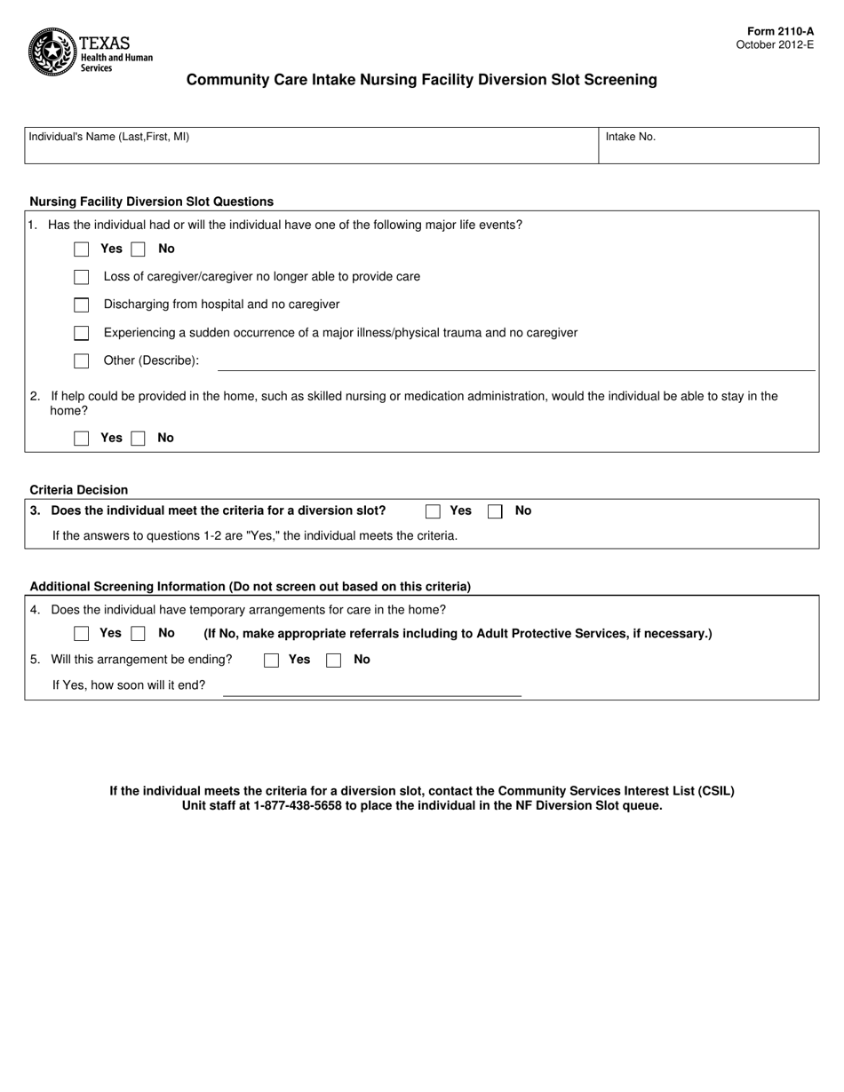 Form 2110-A Community Care Intake Nursing Facility Diversion Slot Screening - Texas, Page 1