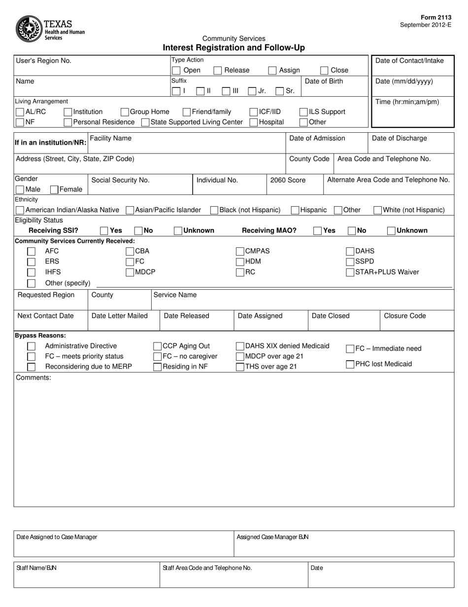 Form 2113 Interest Registration and Follow-Up - Texas, Page 1