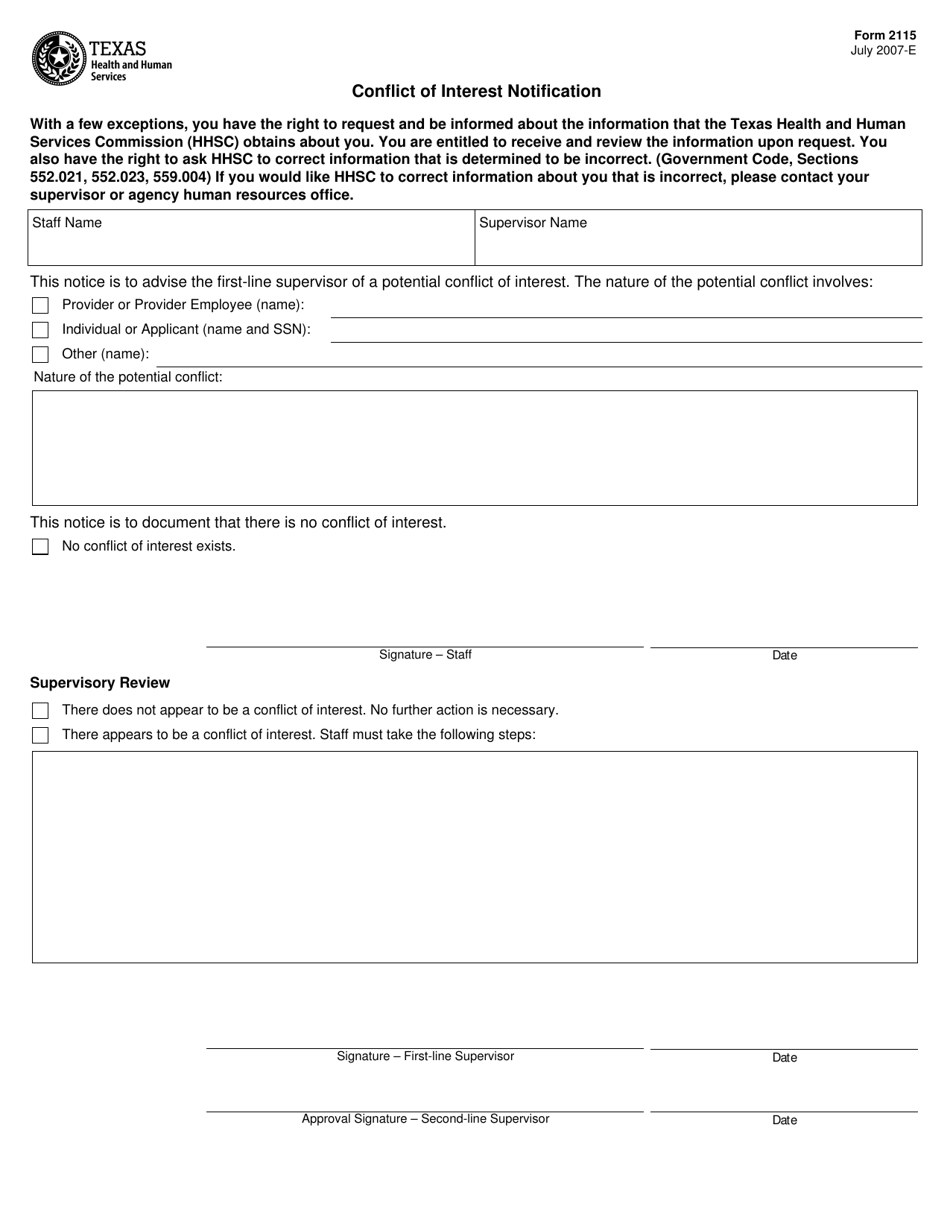 Form 2115 Conflict of Interest Notification - Texas, Page 1