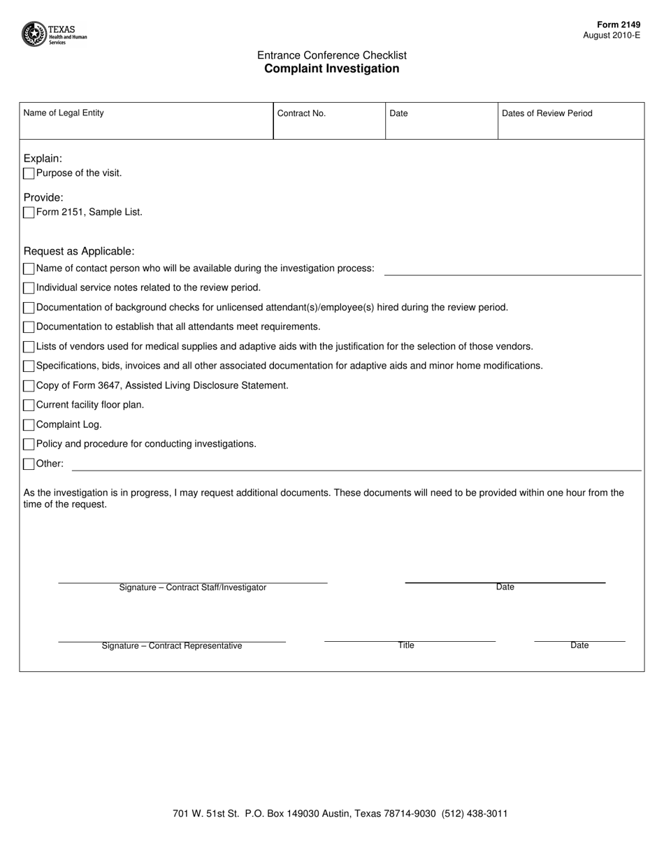 Form 2149 Entrance Conference Checklist Complaint Investigation - Texas, Page 1
