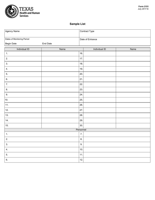 Form 2151 Sample List - Texas