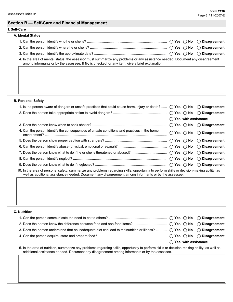 Form 2190 Capacity Assessment for Self-care and Financial Management - Texas, Page 5