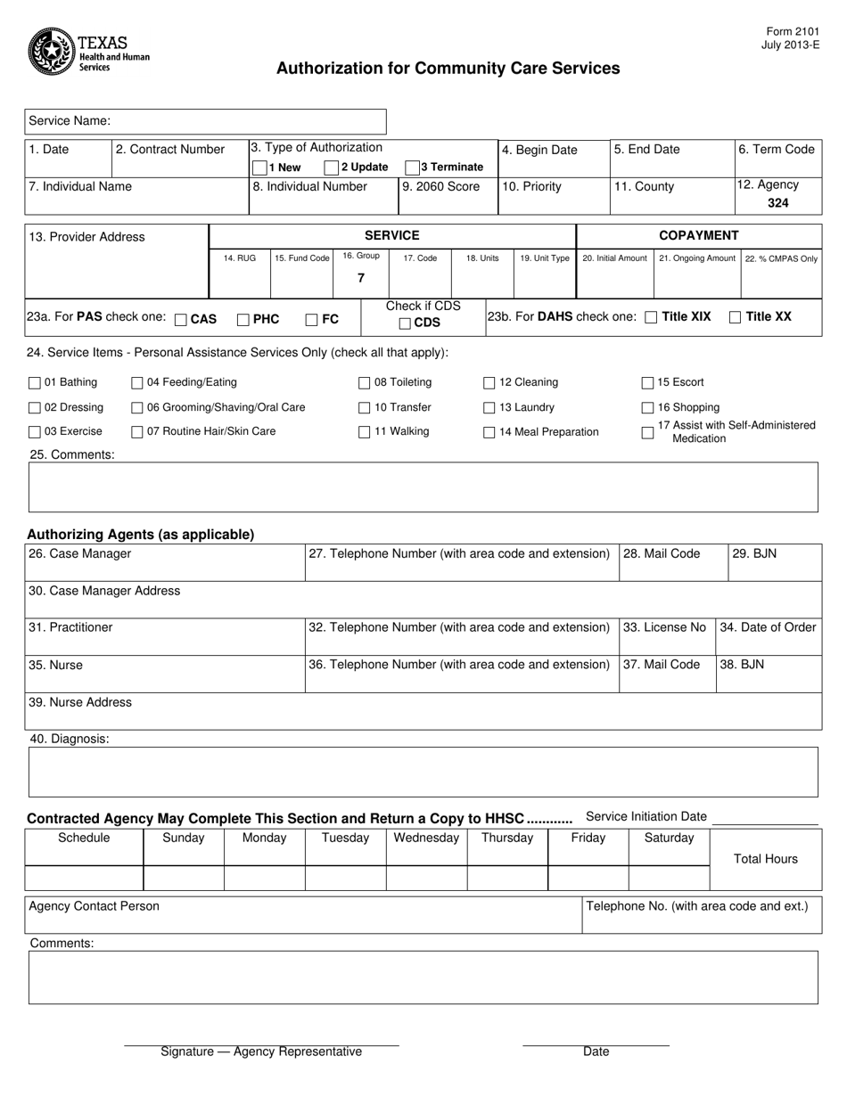 Form 2101 Authorization for Community Care Services - Texas, Page 1