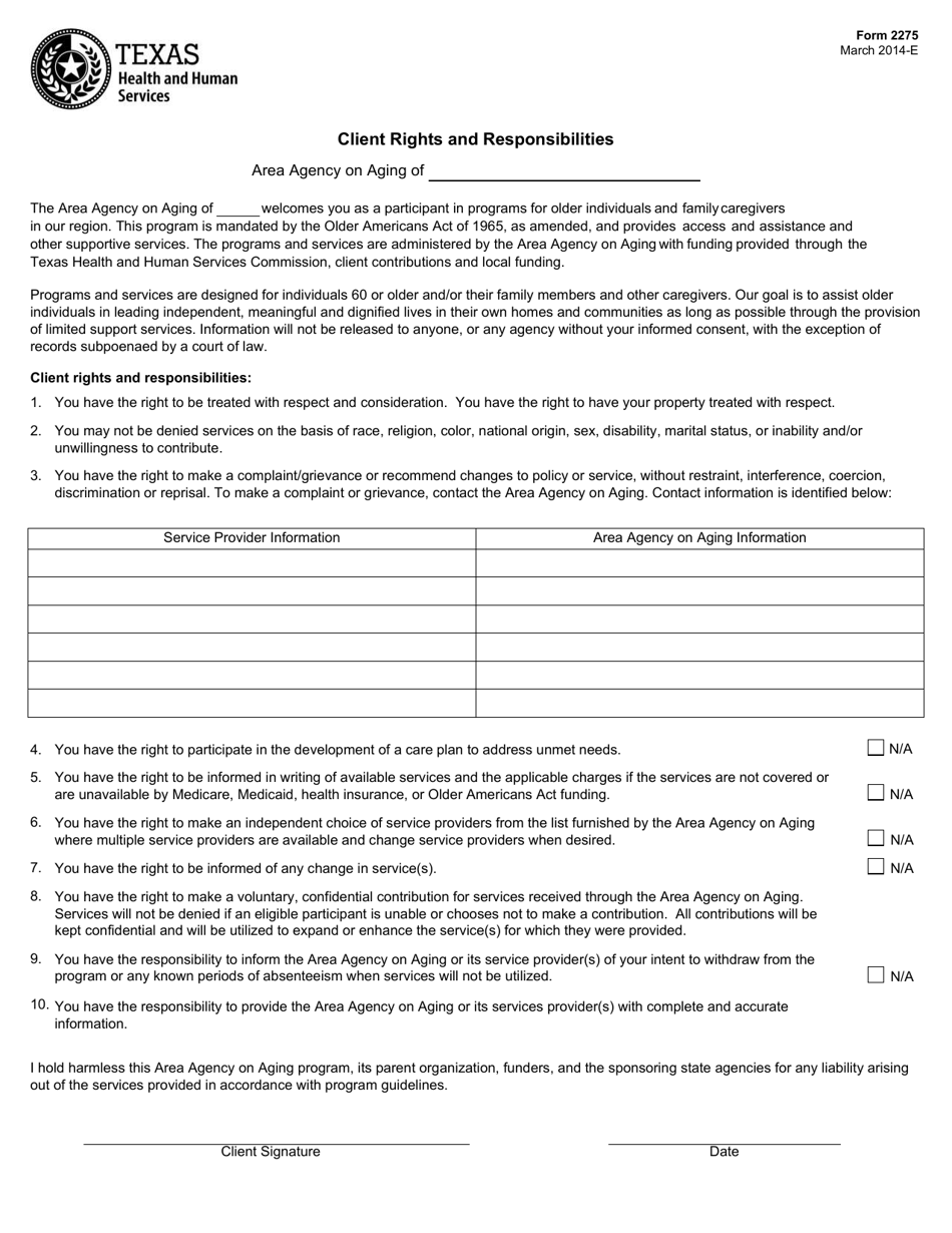 Form 2275 Client Rights and Responsibilities - Texas, Page 1