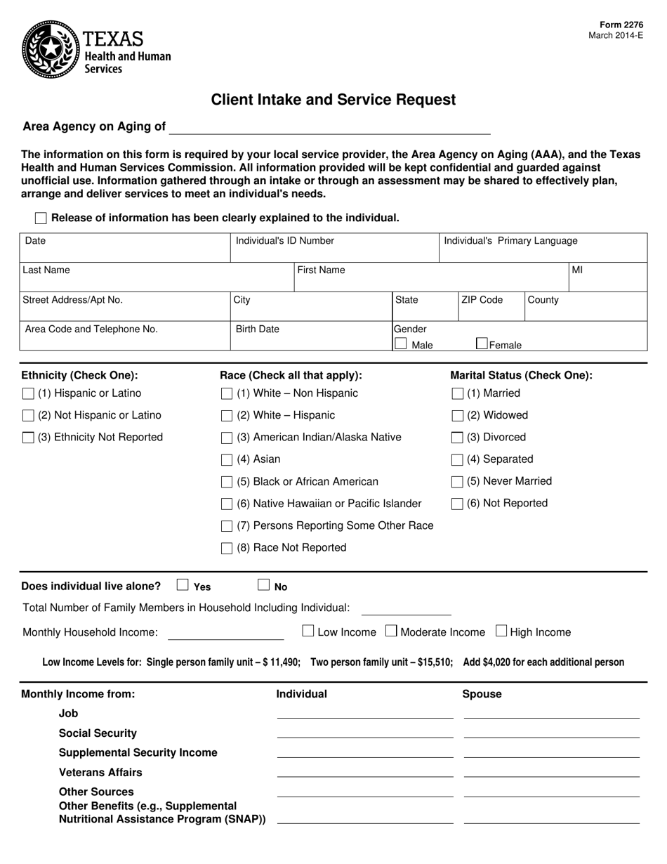 Form 2276 Client Intake and Service Request - Texas, Page 1