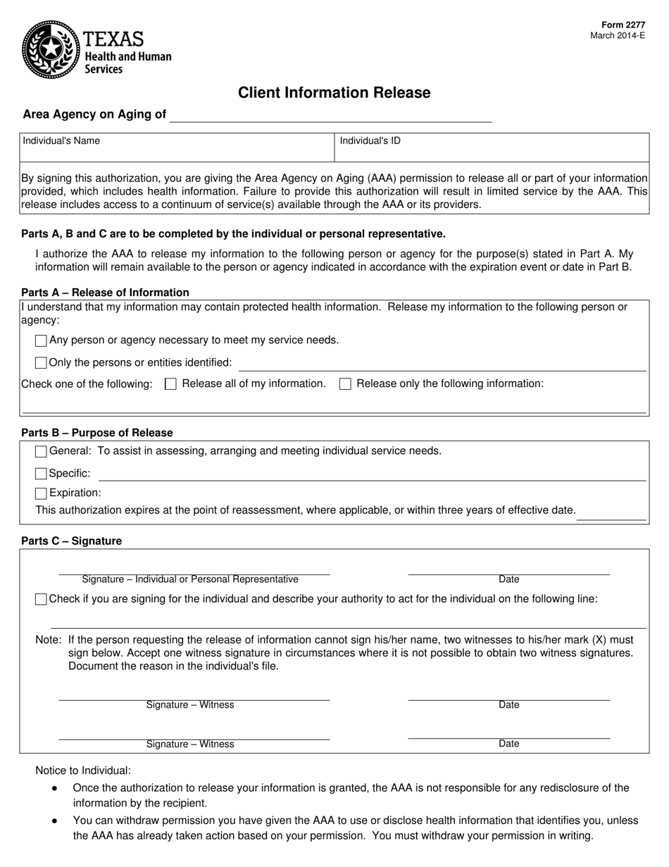 Form 2277 Client Information Release - Texas, Page 1