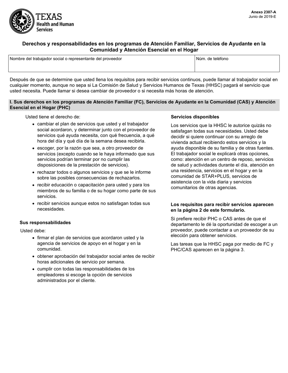 Formulario 2307 Adjunto AS Derechos Y Responsabilidades En Los Programas De Atencion Familiar, Servicios De Ayudante En La Comunidad Y Atencion Esencial En El Hogar - Texas (Spanish), Page 1