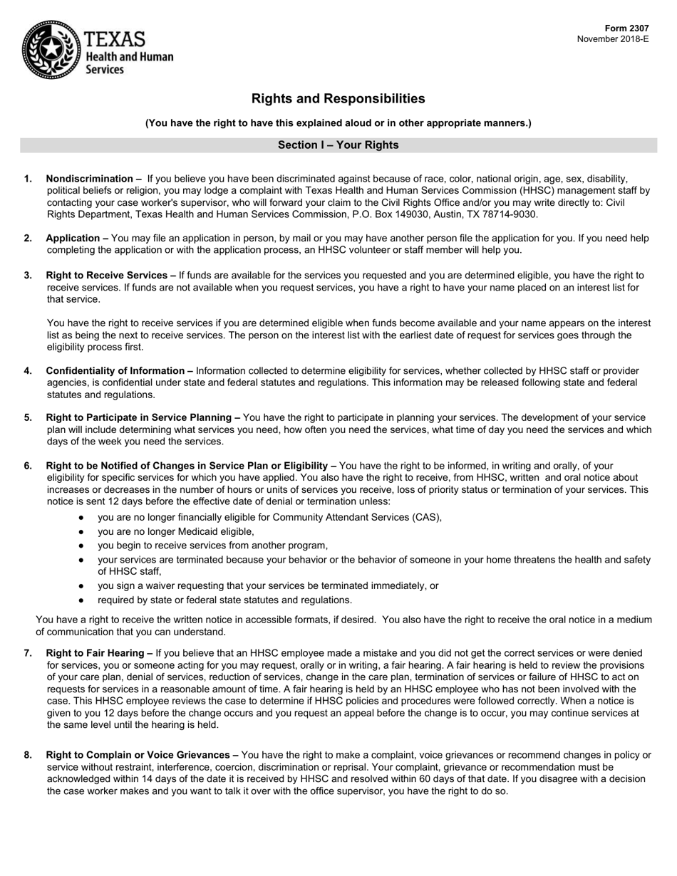 Form 2307 Rights and Responsibilities - Texas, Page 1