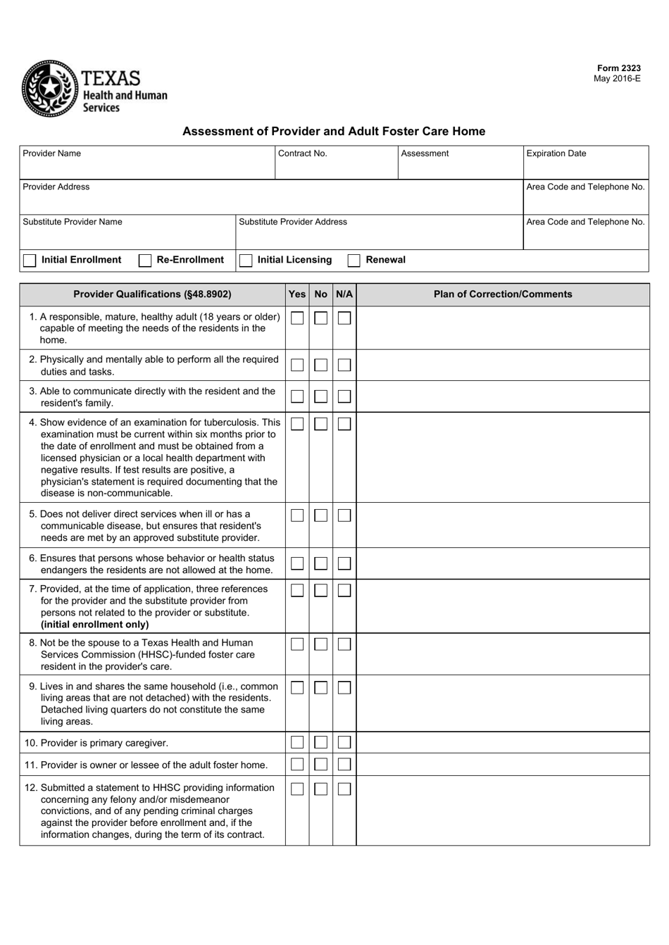 Form 2323 Assessment of Provider and Adult Foster Care Home - Texas, Page 1
