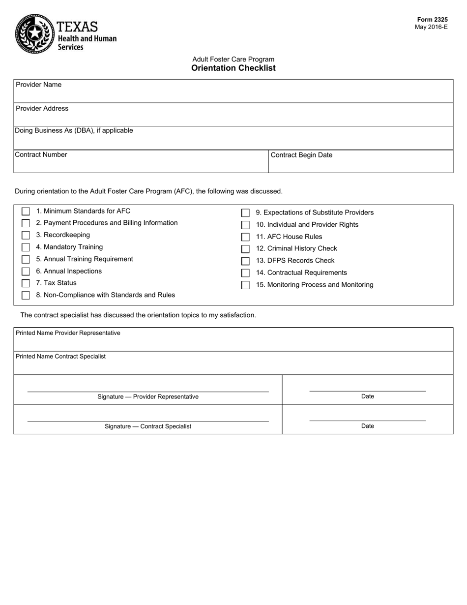 Form 2325 Adult Foster Care Program Orientation Checklist - Texas, Page 1