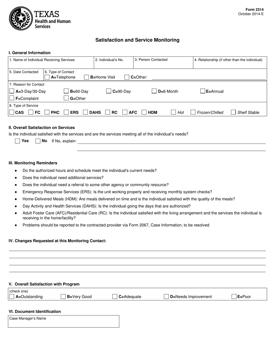Form 2314 Satisfaction and Service Monitoring - Texas, Page 1