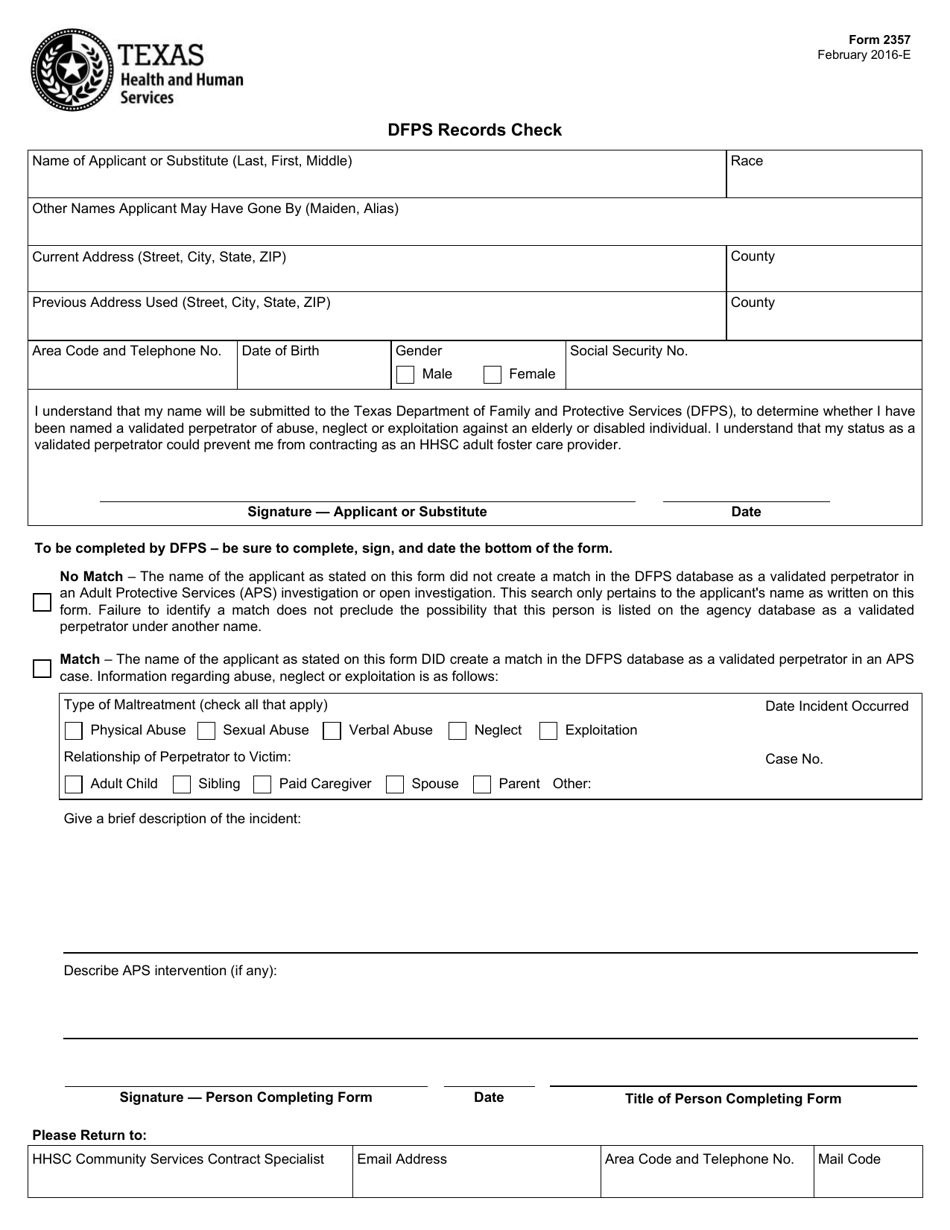 Form 2357 Dfps Records Check - Texas, Page 1