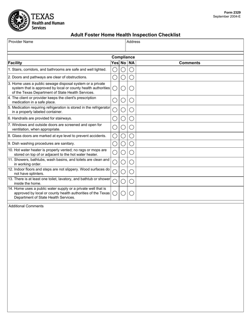 Form 2329 Adult Foster Home Health Inspection Checklist - Texas
