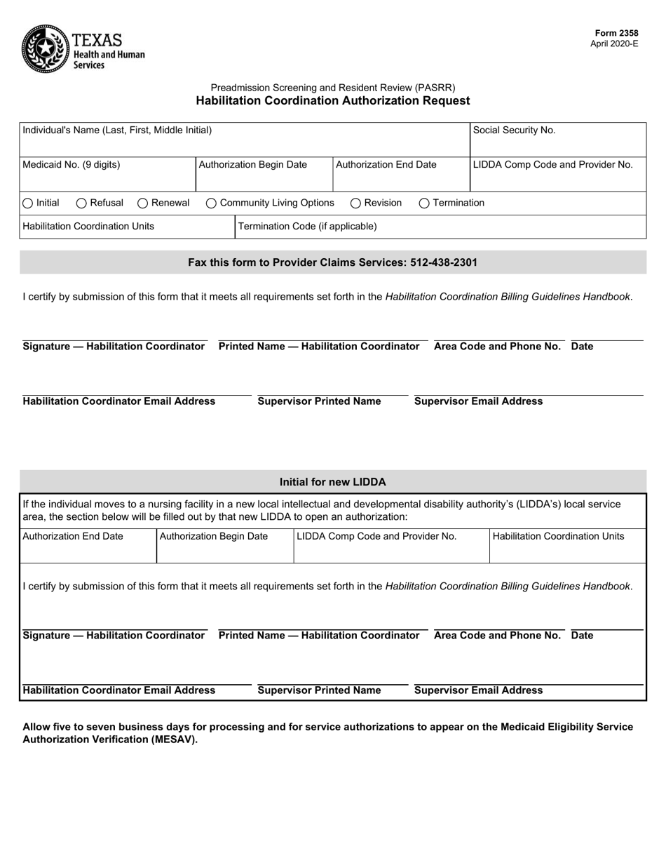 Form 2358 Habilitation Coordination Authorization Request - Texas, Page 1